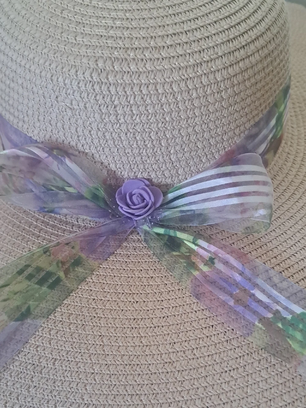 Diva Beige Wide Brim Sun Hat with Purple Floral Bow